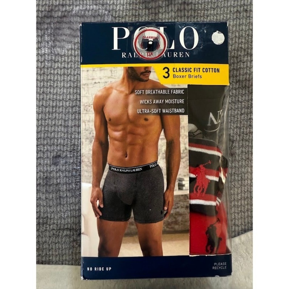 Polo Ralph Lauren 3 Pack Classic Fit Cotton Boxer Briefs Red Grey Black Stripe S